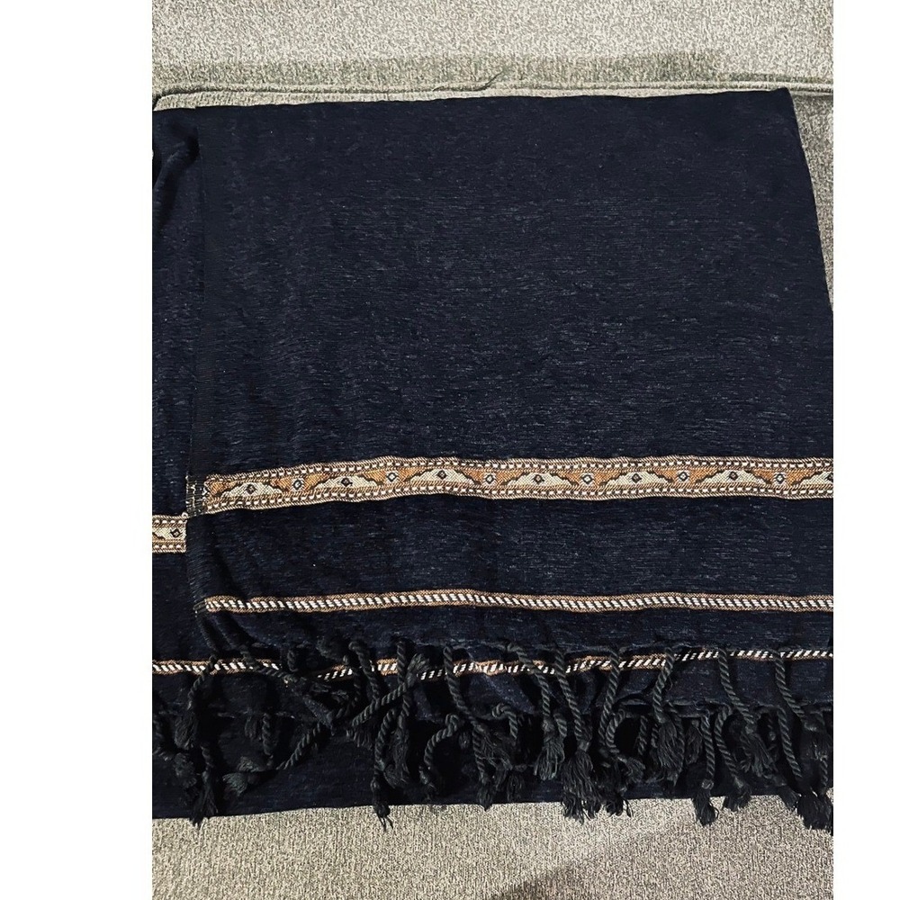 Unbranded Pashmina Scarf Unisex OS Navy Blue Woven Geometric Border Fringe Wrap